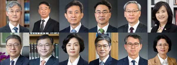 이재명 더불어민주당 대선 후보의 공직선거법 위반 혐의 사건 상고심 선고에 참여한 대법원장과 대법관 12명. 윗줄 왼쪽부터 조희대 대법원장·오석준·서경환·권영준·엄상필·신숙희 대법관과 아랫줄 왼쪽부터 노경필·박영재·이숙연·마용주·이흥구·오경미 대법관.(사진=대법원 제공)