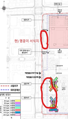 전주 옛 대한방직 터 '관광타워 복합개발사업' 배치도와 맹꽁이 서식지 위치도.(전북환경운동연합 제공)