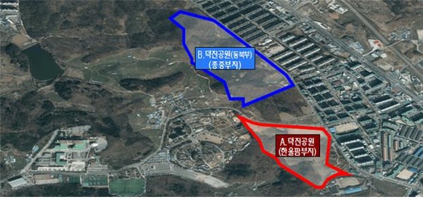 전주시 덕진공원 민간공원조성 특례사업 대상지인 '덕진공원-한울팜부지' 일대.(사진=전북환경운동연합 제공)